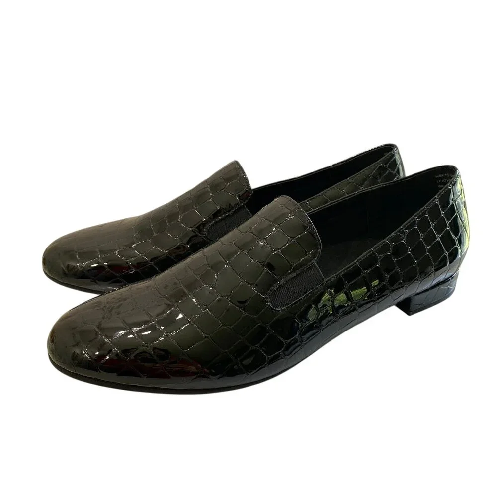 David Tate Patent Leather Loafers Womens 12N Black‎ Croc Embossed Preppy Office